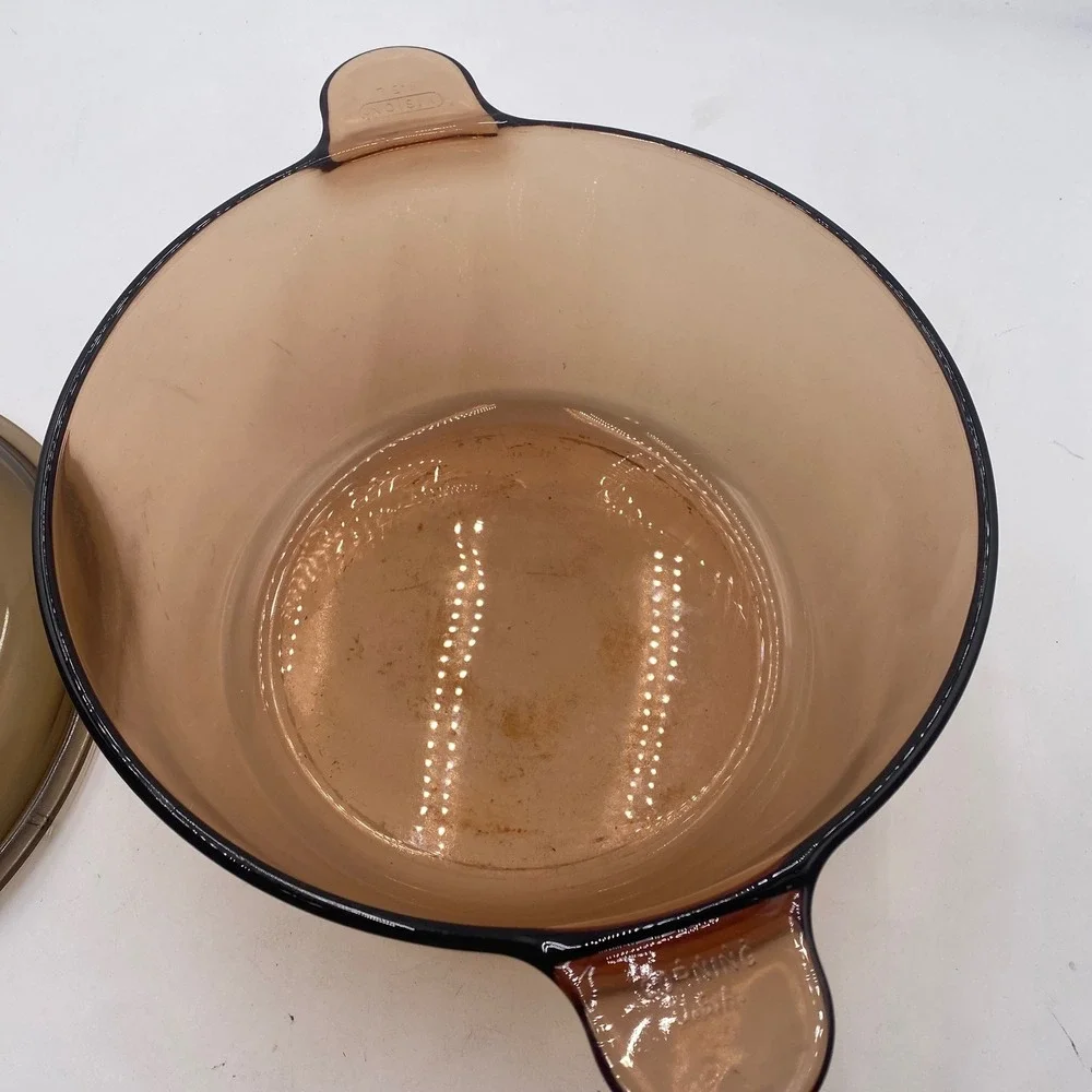 Corning Vision Amber Glass 4.5L Dutch Oven Stock Pot Pyrex Lid USA Vintage Brown